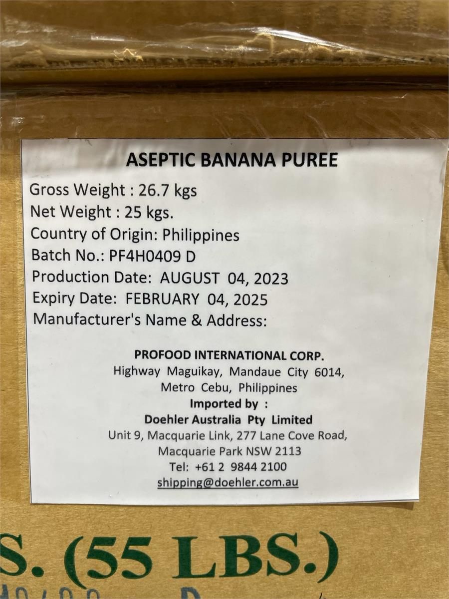 25 KG BANANA PULP PUREE ASEPTIC BAG IN BOX DOEHLER